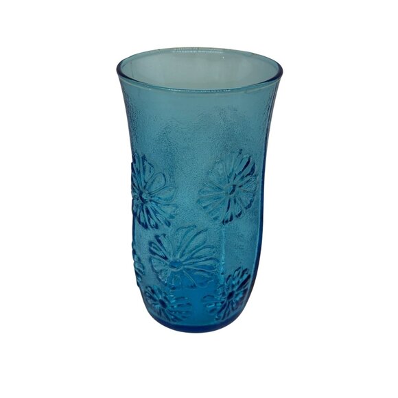 VTG Anchor Hocking Spring Song Daisy Blue Textured Glass Tumbler Retro 70s - Picture 1 of 4